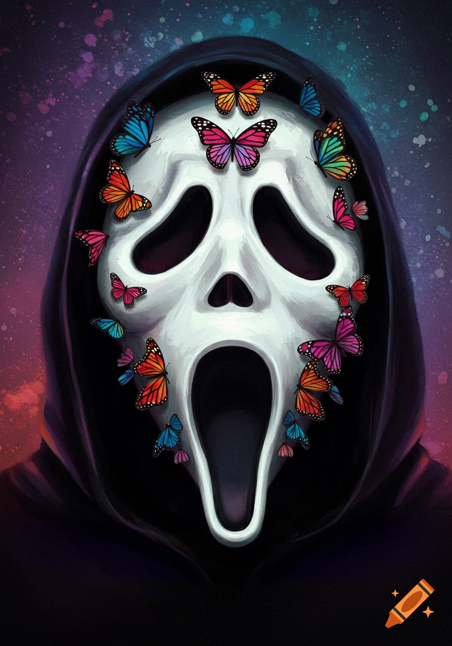 Digital illustration of a white Ghostface mask adorned with many colorful butterflies against a dark, cosmic background.