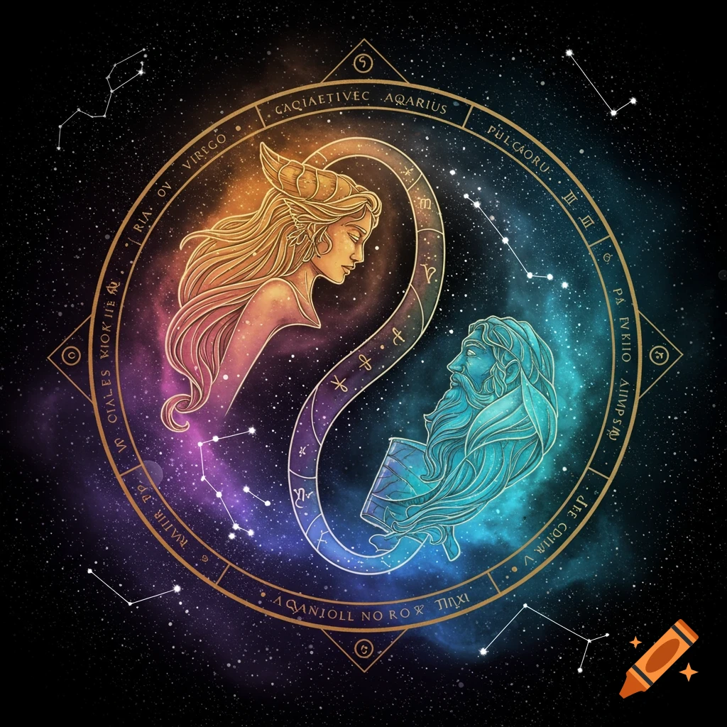 Stylized illustration of a golden-haired woman and a blue-bearded man within an interlocking cosmic symbol, surrounded by a golden ring with constellations and text, set against a starry galaxy background.
