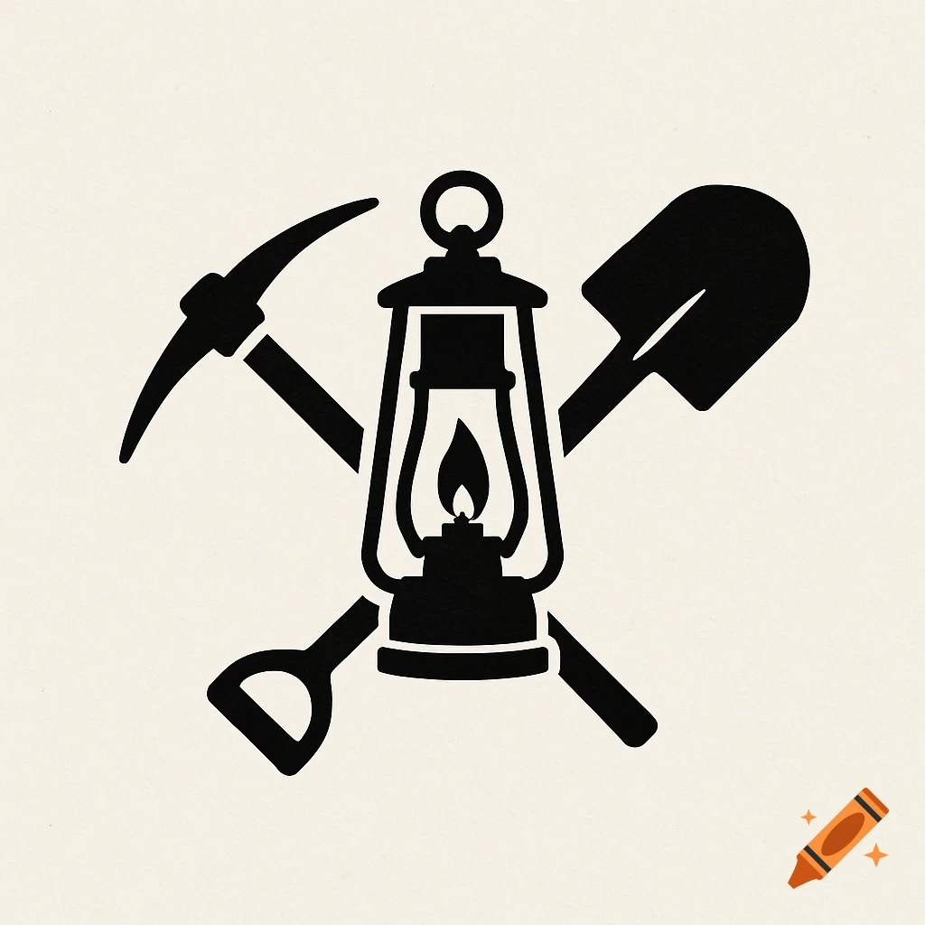 Black silhouette logo of a crossed pickaxe and shovel with a lit lantern in the center.