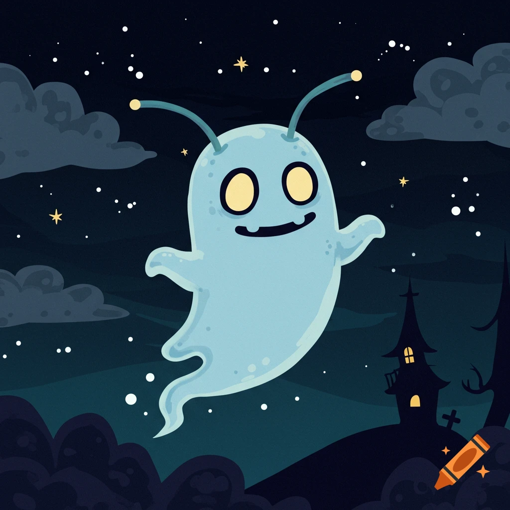 A 2D cartoon spooky ghost with antennas floats at night, with a haunted house and stars in the background.