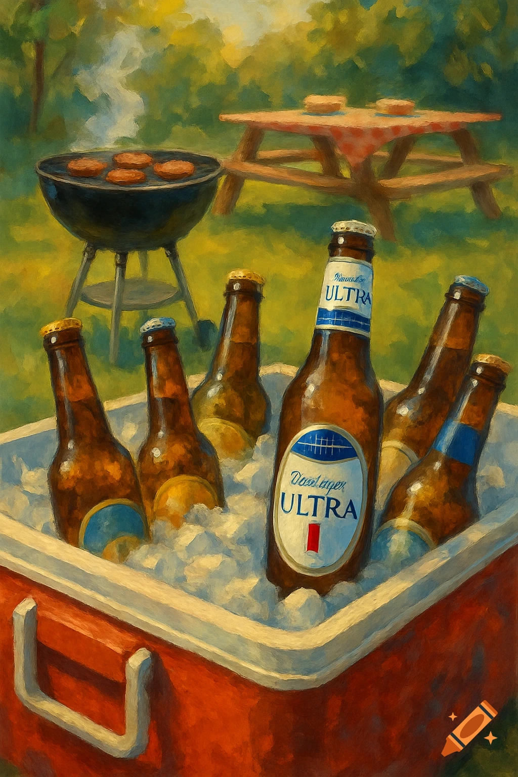 A painterly scene showing a red cooler full of ice and beer bottles, with a grilling barbecue and picnic table in the background.