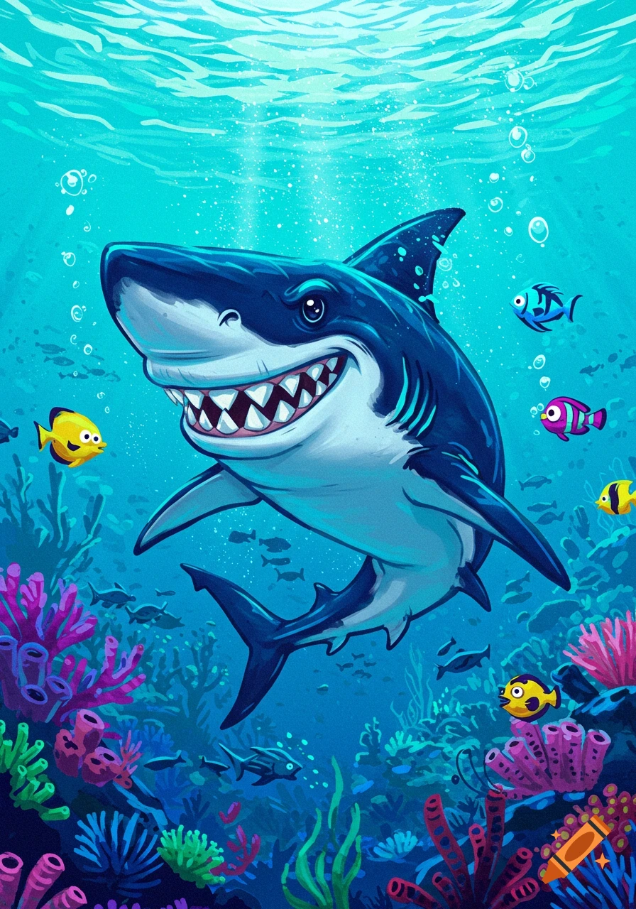 A vibrant cartoon illustration of a smiling shark swimming underwater amidst colorful coral and small fish.