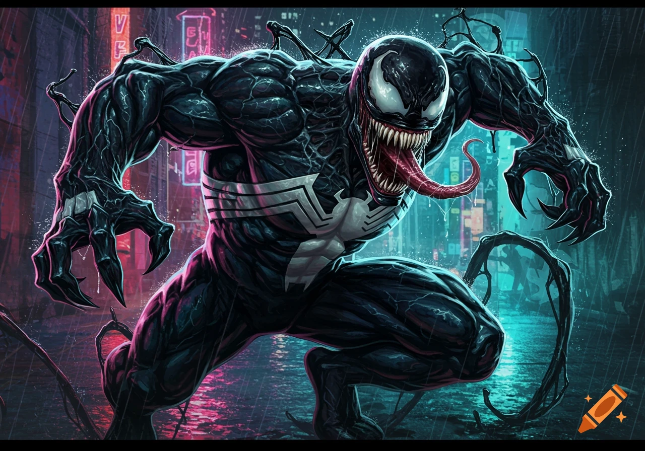 Venom, the black symbiote, crouches menacingly in a rainy neon-lit city street at night in a comic book art style.