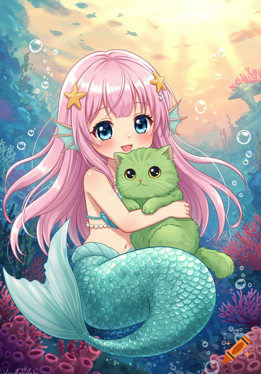 A cute anime mermaid with pink hair and a teal tail, hugging a green cat  underwater amidst coral and bubbles. on Craiyon