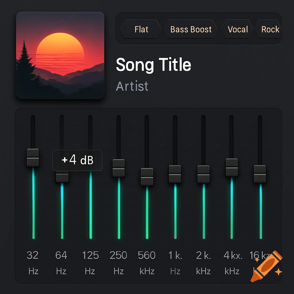 A dark-themed digital music equalizer interface with an album art of a sunset over mountains, showing sliders, frequency labels, and preset buttons.
