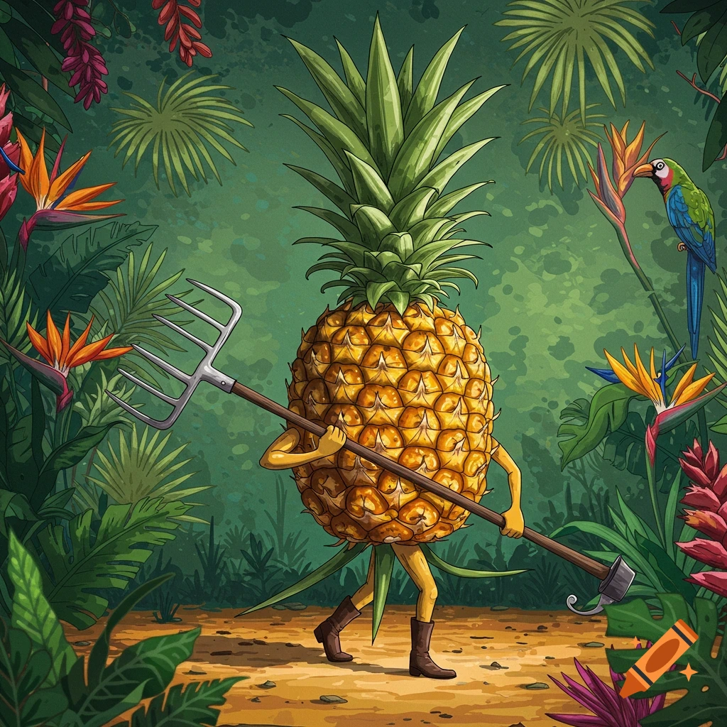 A cartoon pineapple with arms and legs walks through a lush jungle, holding a pitchfork over its shoulder.