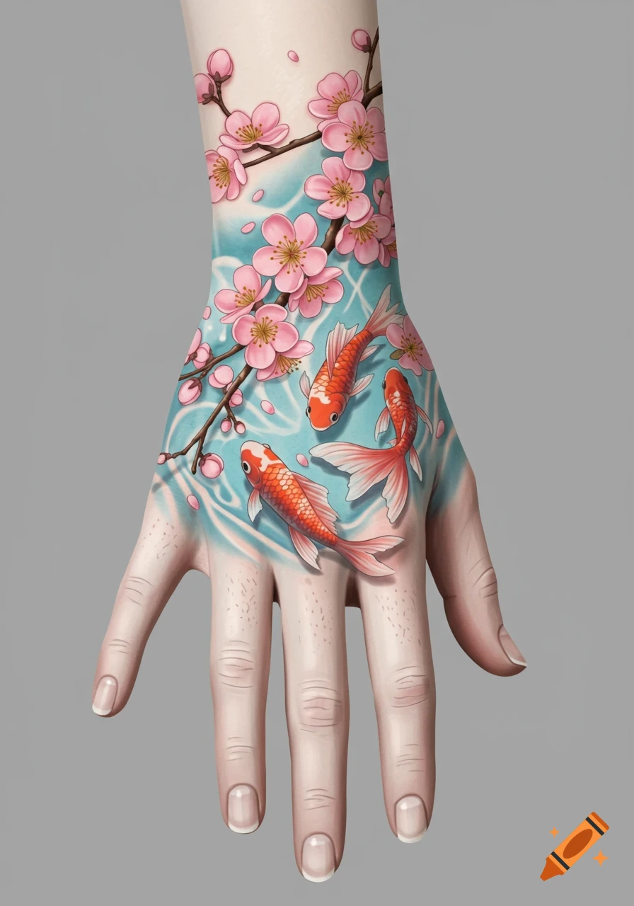 A realistic hand and forearm featuring a vibrant tattoo with pink cherry blossoms, a brown branch, and three orange koi fish swimming in light blue water.