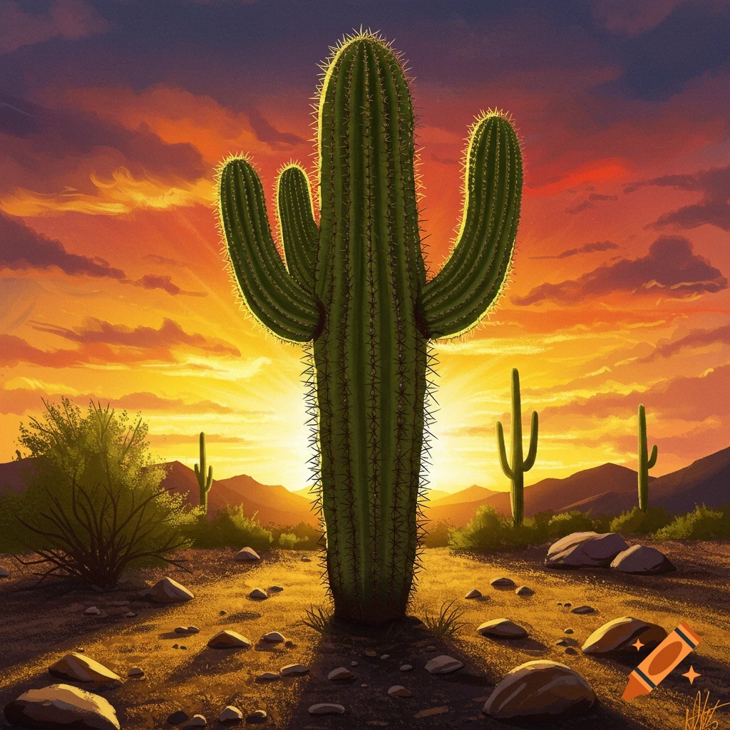 A large saguaro cactus stands tall in a desert landscape with mountains ...