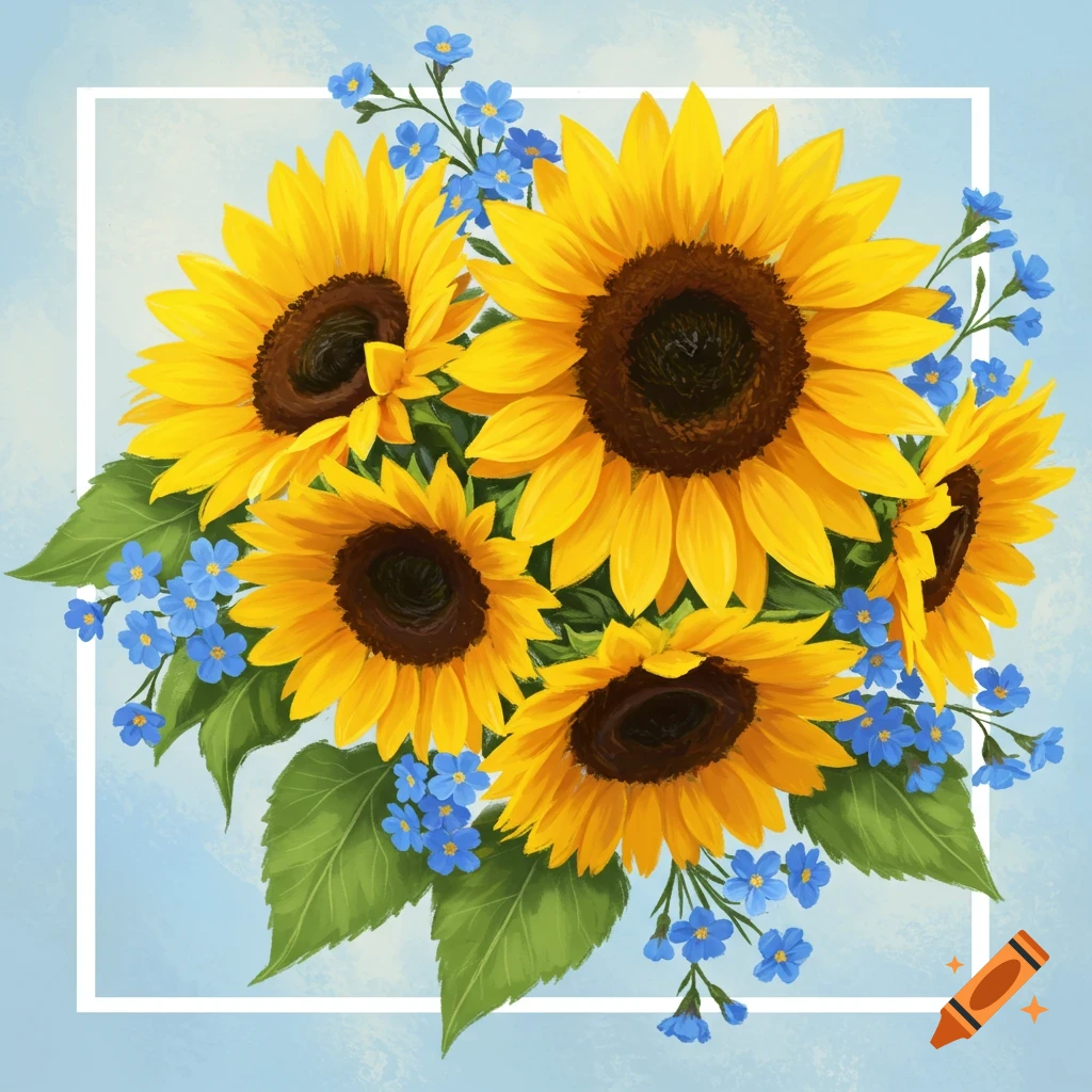 A vibrant bouquet of yellow sunflowers and blue forget-me-nots arranged within a white square frame on a light blue background.