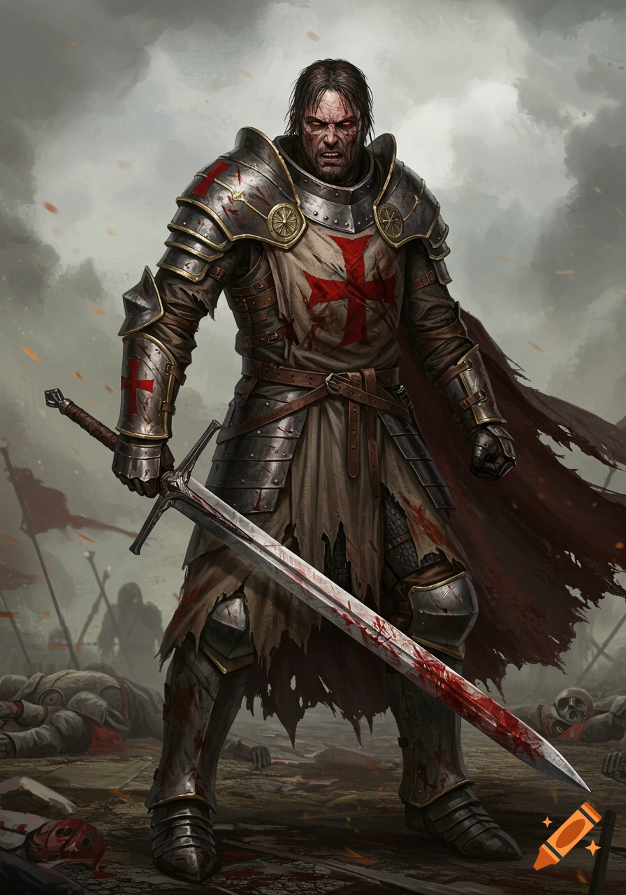 A gritty, battle-worn Templar knight with red eyes stands on a battlefield holding a blood-stained sword.