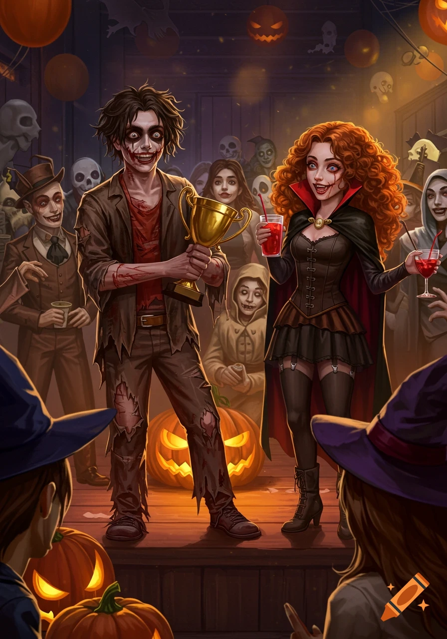 A male zombie and a female vampire hold a trophy and drinks at a vibrant Halloween costume party with pumpkins.