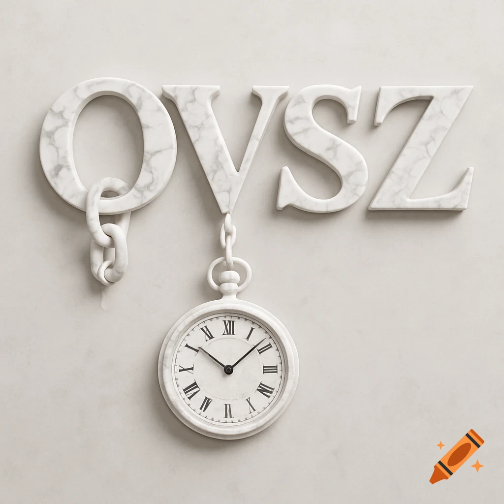 White marble letters OVSZ with a marble chain from the 'O' holding a marble pocket watch, against a light marble background.