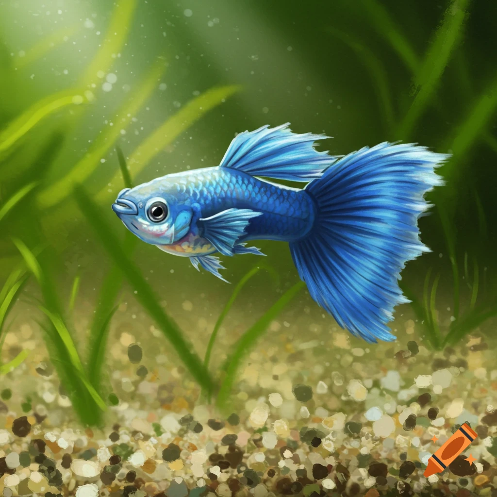 A vibrant blue guppy fish with large fins swims in an aquarium amidst green plants and gravel.