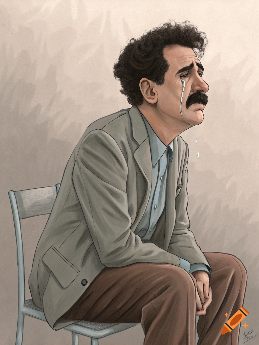 Illustrative portrait of a man with a mustache and curly hair, crying, seated on a chair.