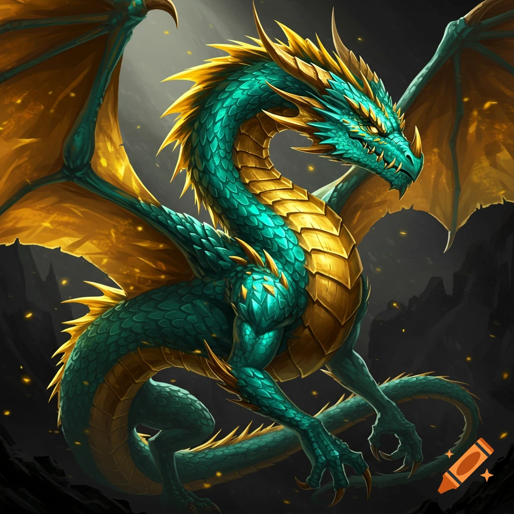 A vibrant turquoise and gold scaly dragon with large wings, set against a dark, mystical background.