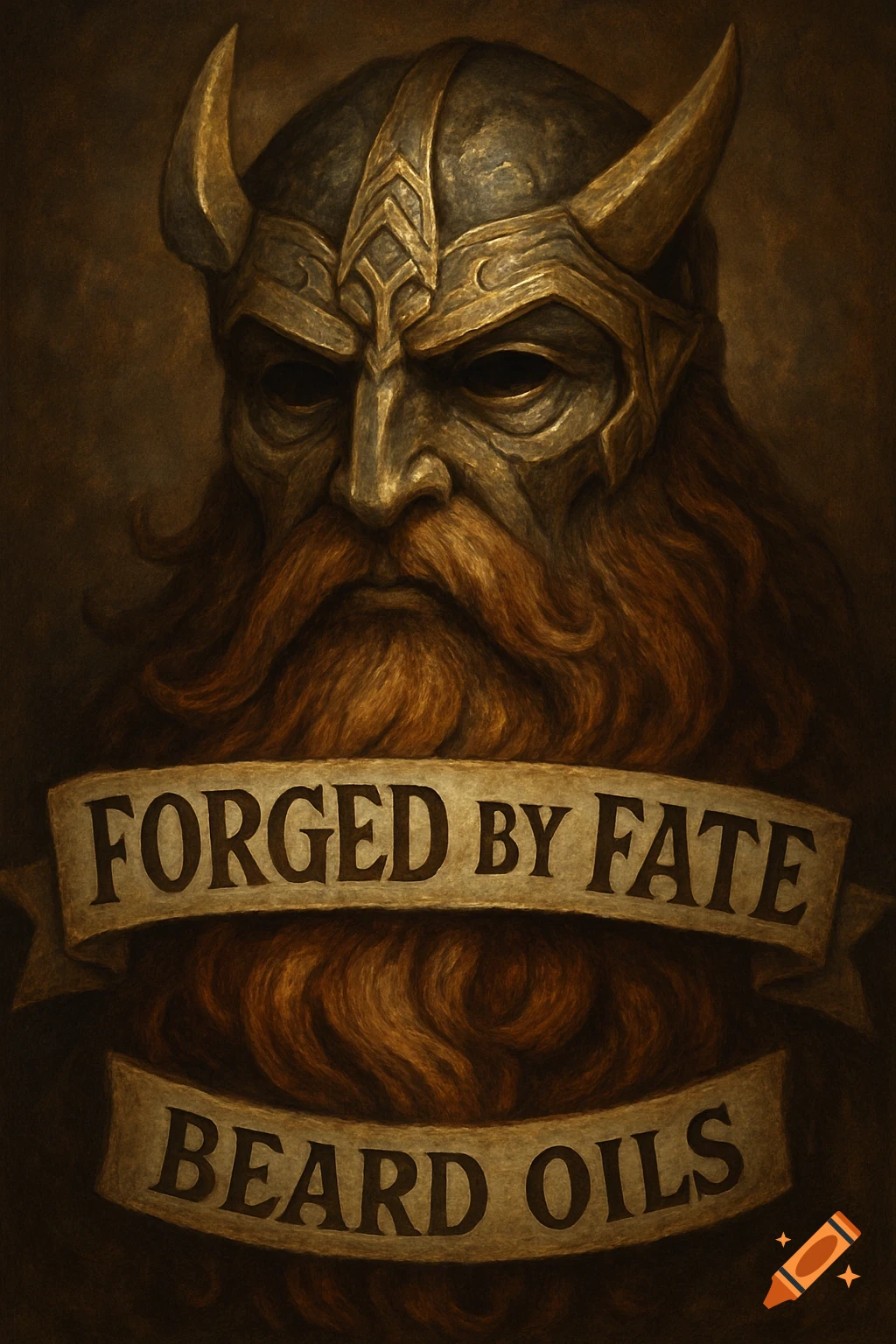 Dark portrait of a bearded Viking warrior in a horned helmet, with banners reading 'FORGED BY FATE BEARD OILS' across his beard, in a painterly style.
