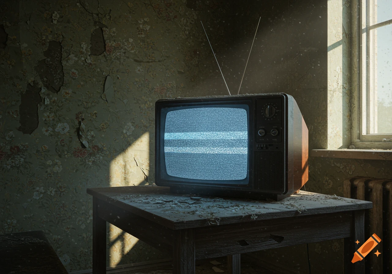 An old CRT television with static on its screen sits on a dusty table in a dilapidated room with peeling floral wallpaper.