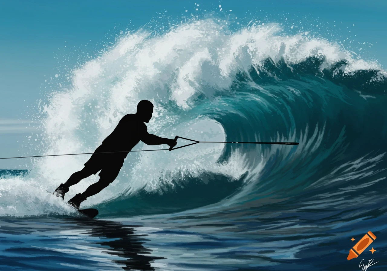 A black silhouette of a person water skiing on a large blue and white wave.