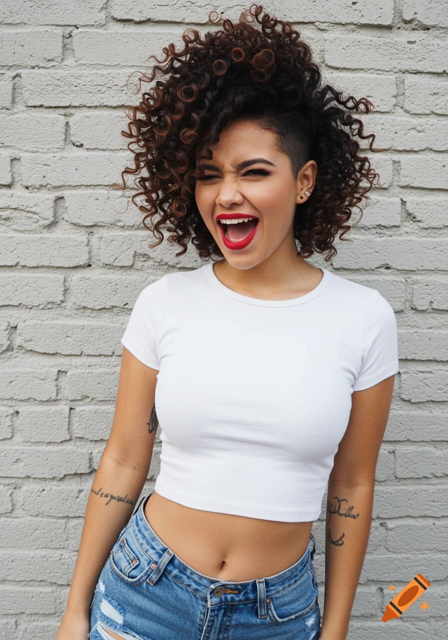 A young woman with curly brown hair and a side shave smiles widely, standing against a white brick wall.