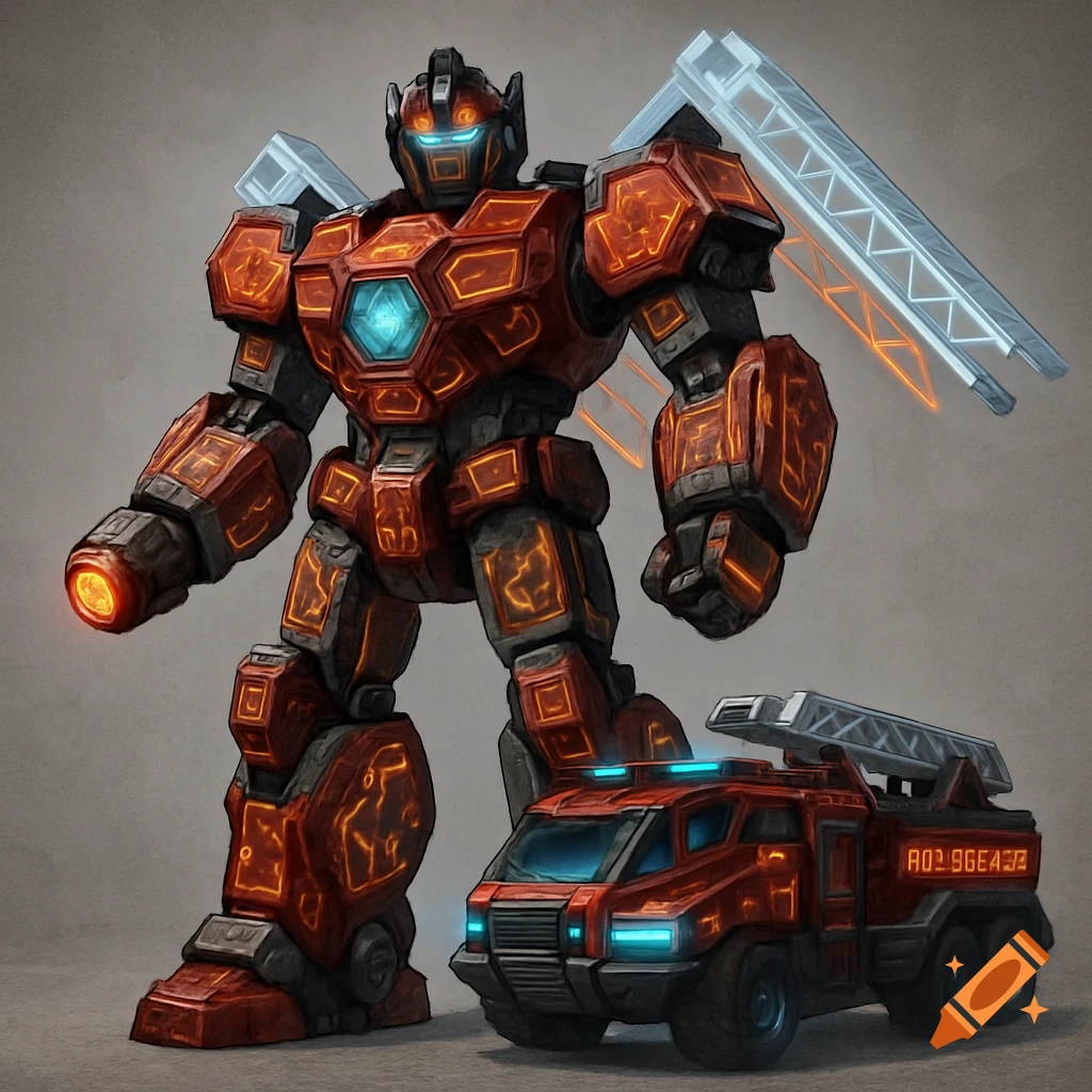A large red and black robot with glowing orange circuitry stands next to a futuristic red fire truck.