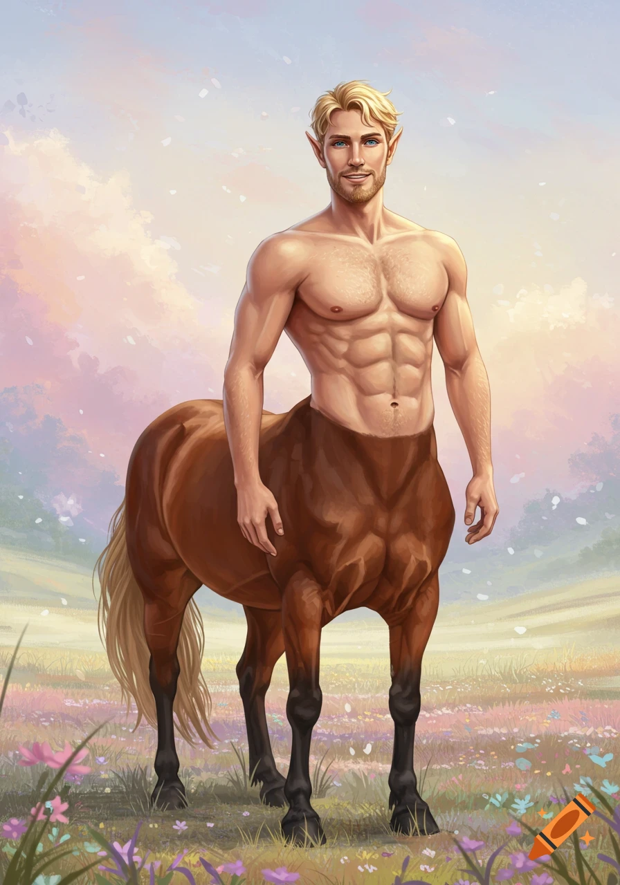 A muscular blonde male centaur with pointed ears stands in a vibrant, flowery meadow under a pastel sky, looking forward.