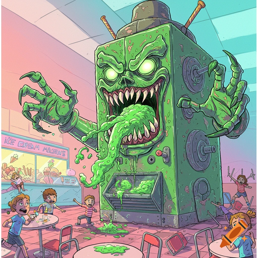 A cartoon illustration of a giant green monster ice cream machine with sharp teeth and glowing eyes, spewing green goo and scaring children in an ice cream shop.