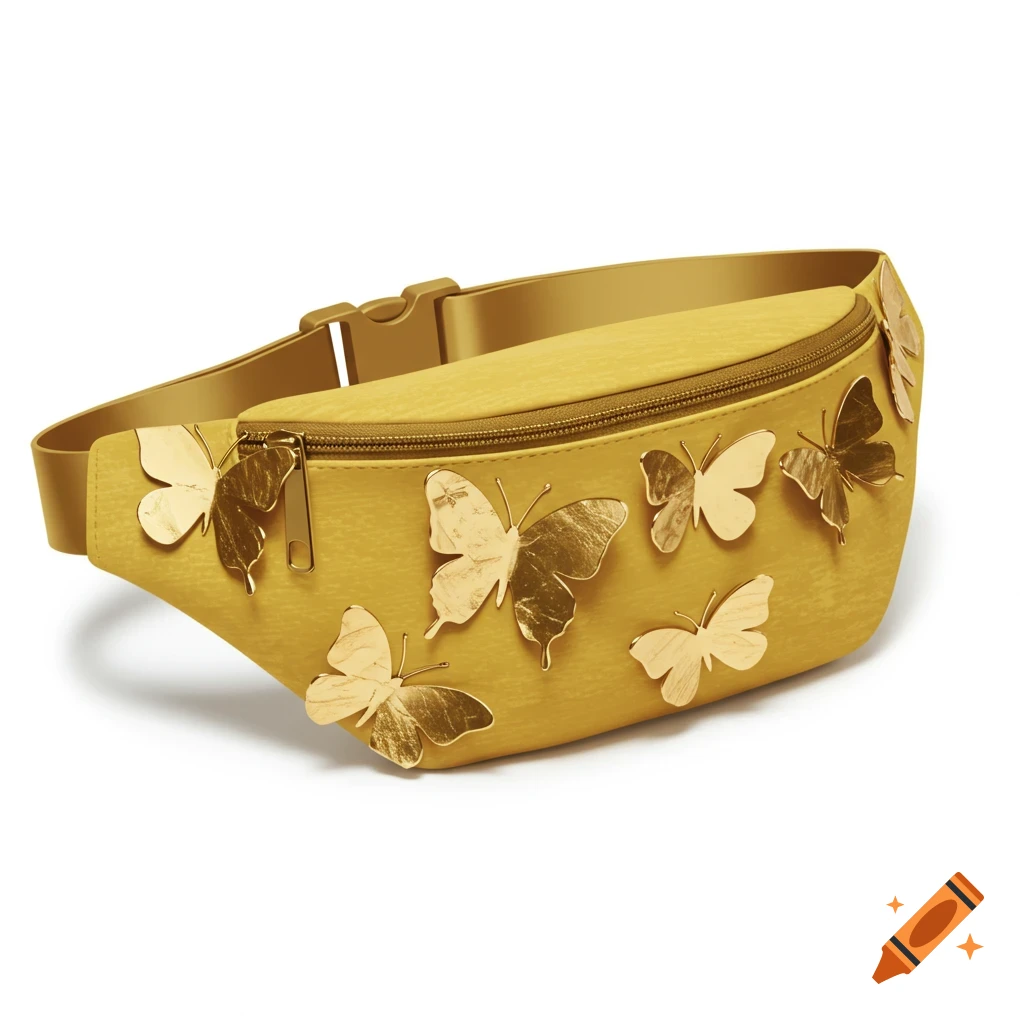 A yellow serpentine belt bag adorned with multiple gold foil butterflies and a gold zipper and buckle, isolated on a white background.