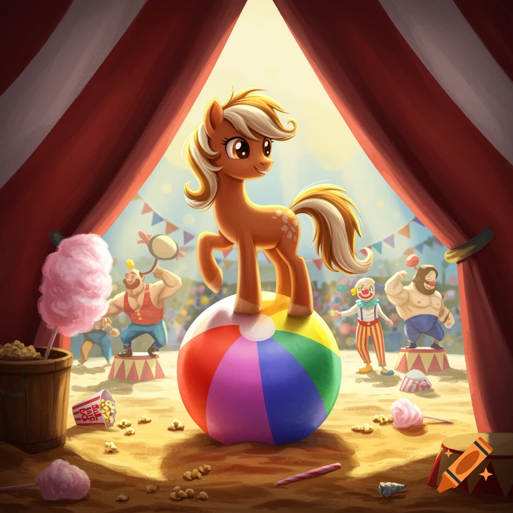 A brown and white pony balances on a colorful beach ball under a red and white circus tent, with strongmen and a clown in the background.