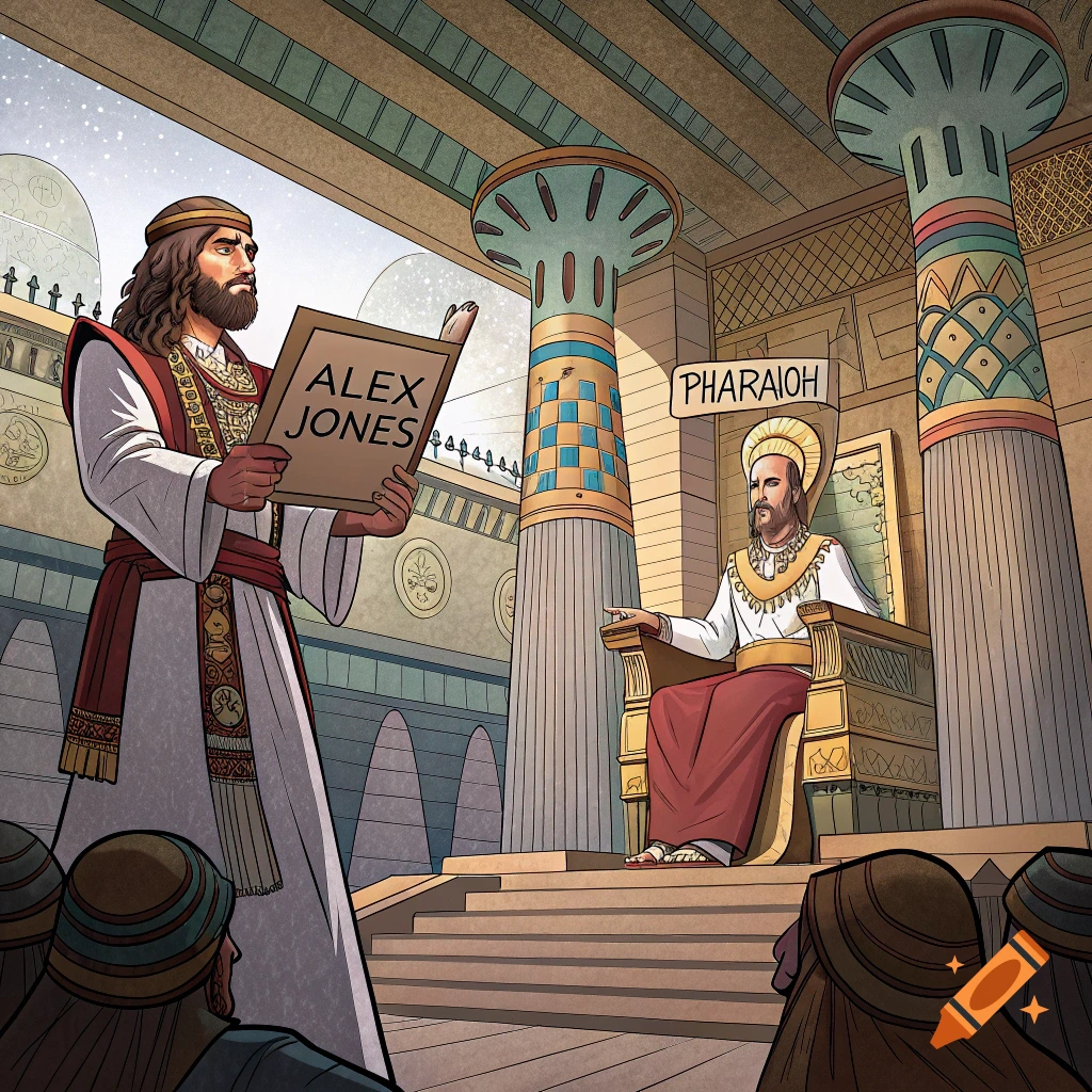 Cartoon of a Moses-like figure holding an 'ALEX JONES' book before a Pharaoh-like figure on a throne in an ancient hall.