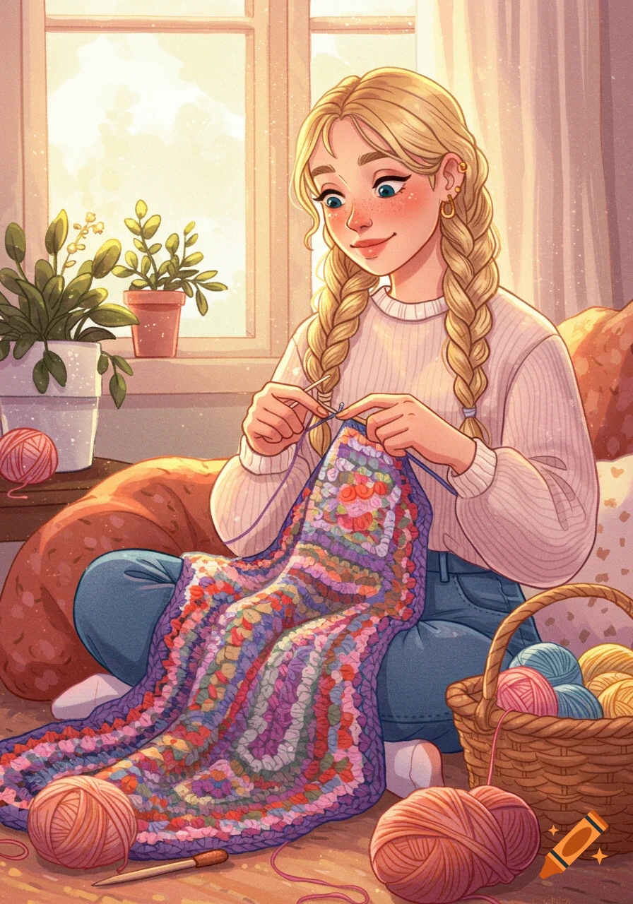 An illustration of a blonde woman with braided pigtails sitting by a window, happily crocheting a colorful blanket. Yarn balls are around her.