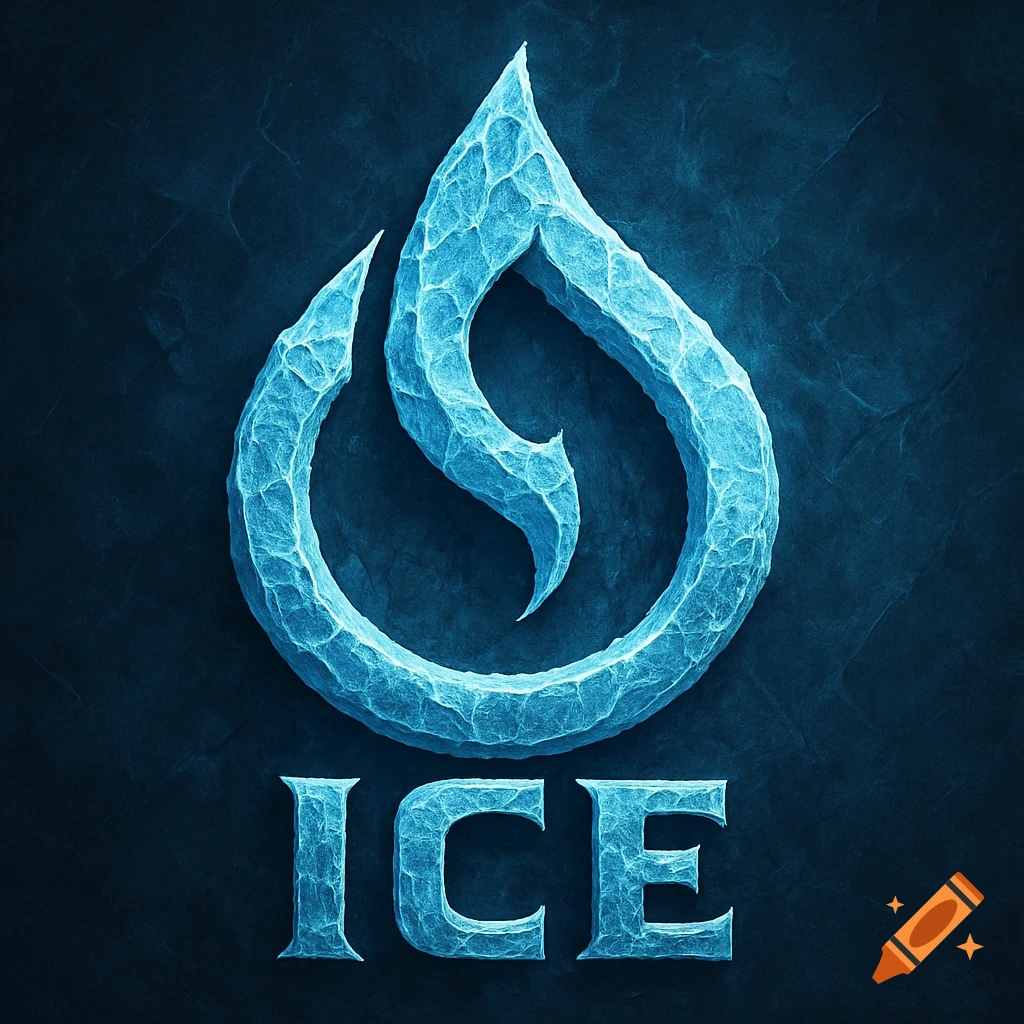 A stylized blue ice-textured logo shaped like a flame or tear drop, with the word "ICE" in matching texture below it.