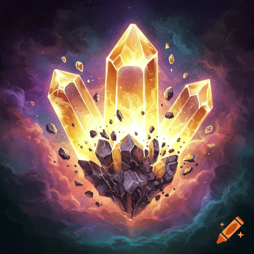 Three glowing golden crystals emerge from dark rock fragments against a vibrant, swirling cosmic nebula background.