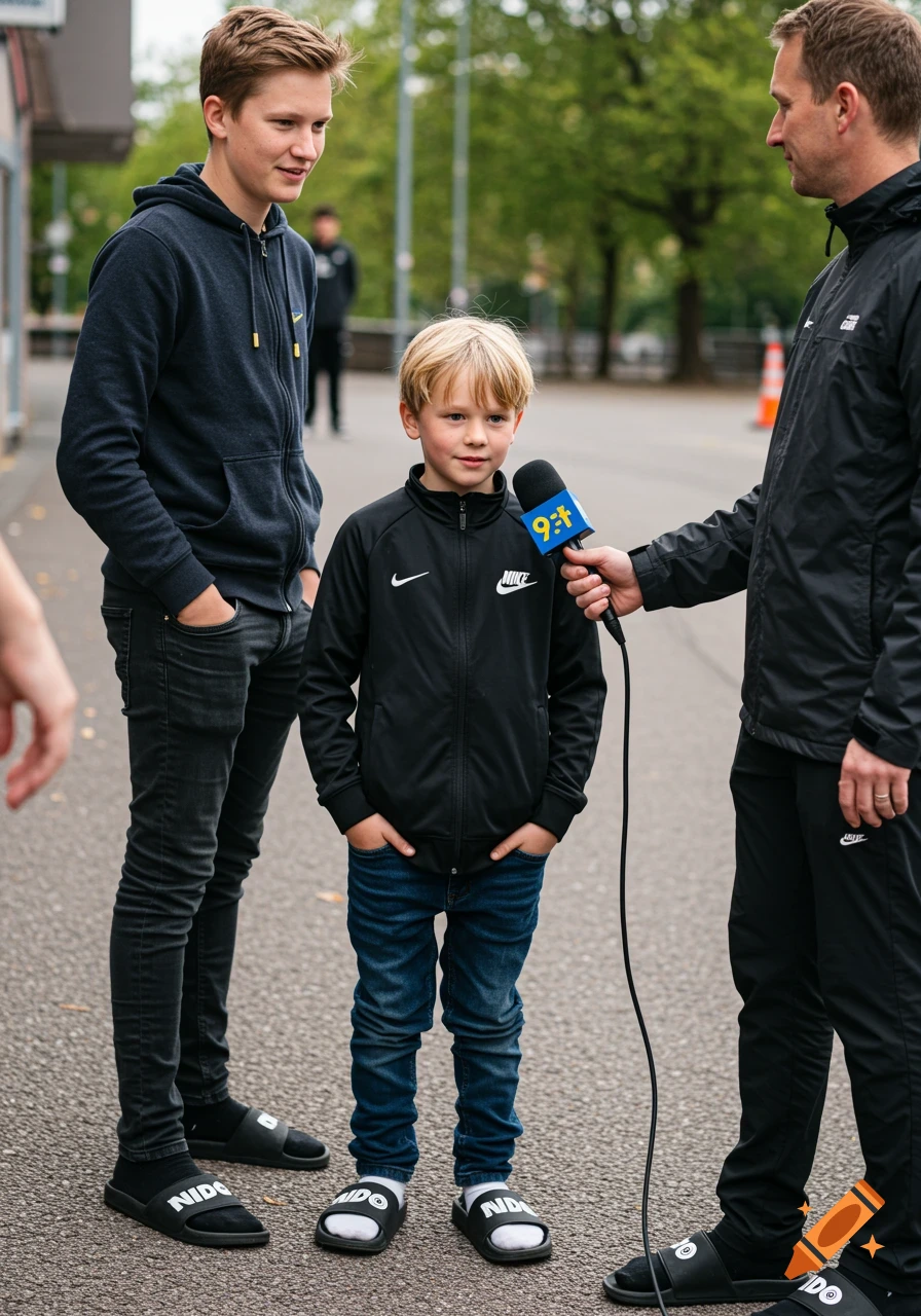 A young boy with blond hair wearing a black Nike jacket and blue jeans stands with his hands in his pockets while being interviewed by a man holding a microphone. Another taller boy stands to the left.