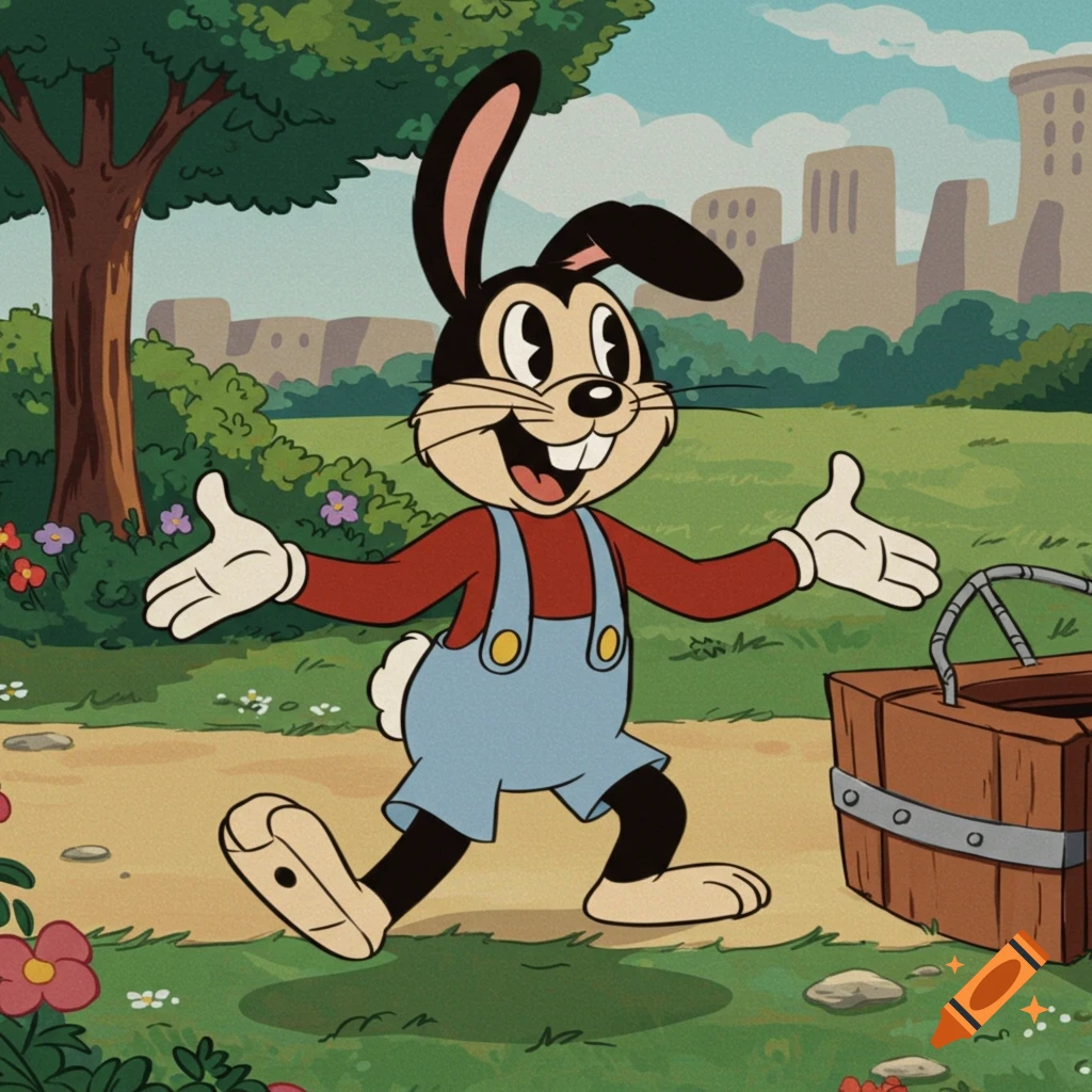 A happy, black and white vintage cartoon rabbit wearing overalls walks outdoors in a park with a city in the background.