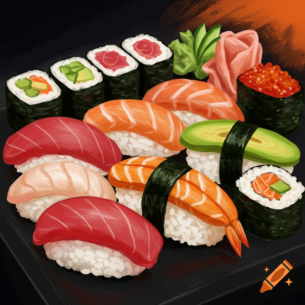 Close-up of assorted sushi and sashimi pieces on a dark platter in a vibrant, painterly style.