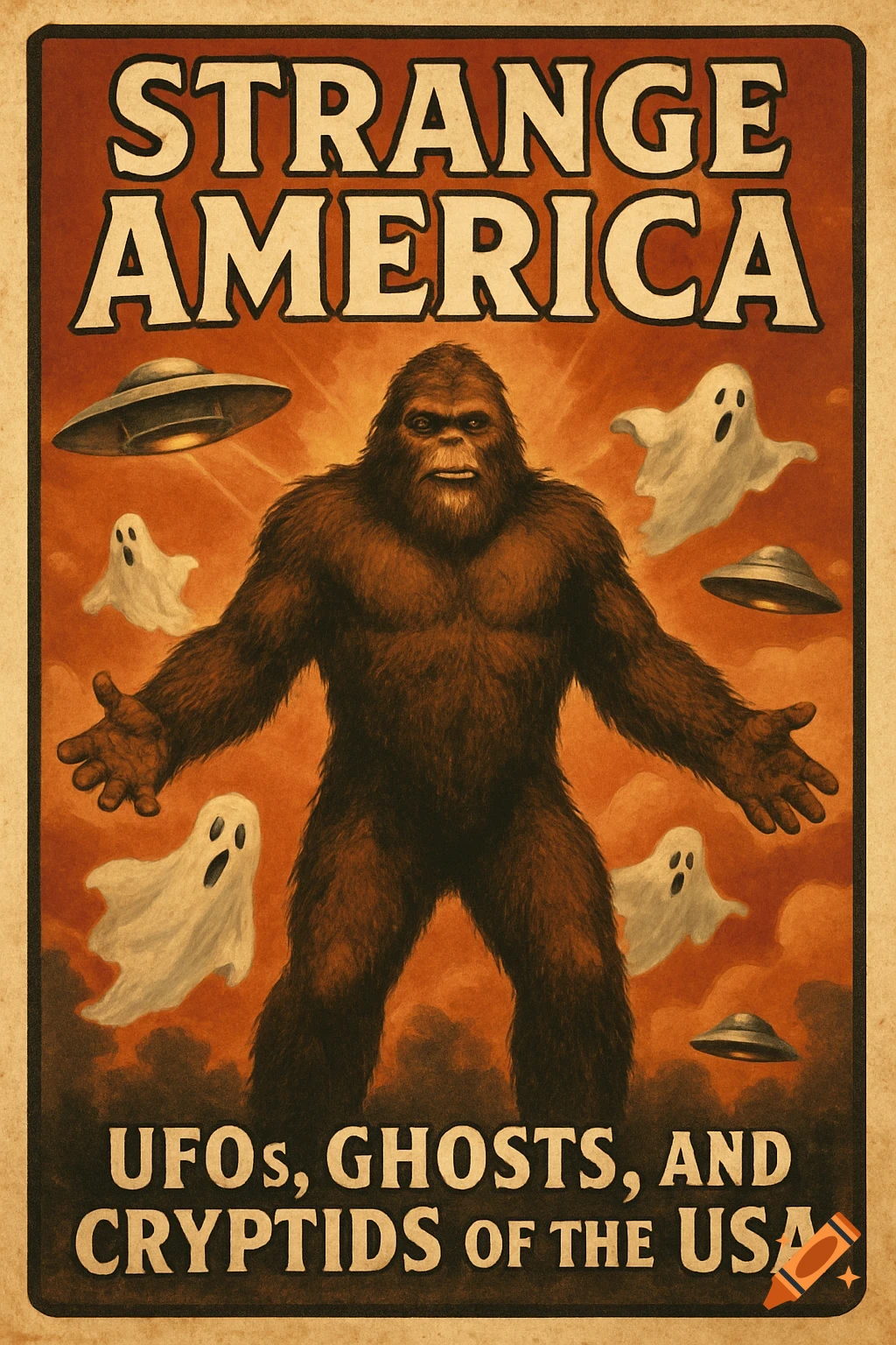 Vintage poster of Bigfoot, ghosts, and UFOs against an orange sky. Text: STRANGE AMERICA, UFOs, GHOSTS, AND CRYPTIDS OF THE USA.