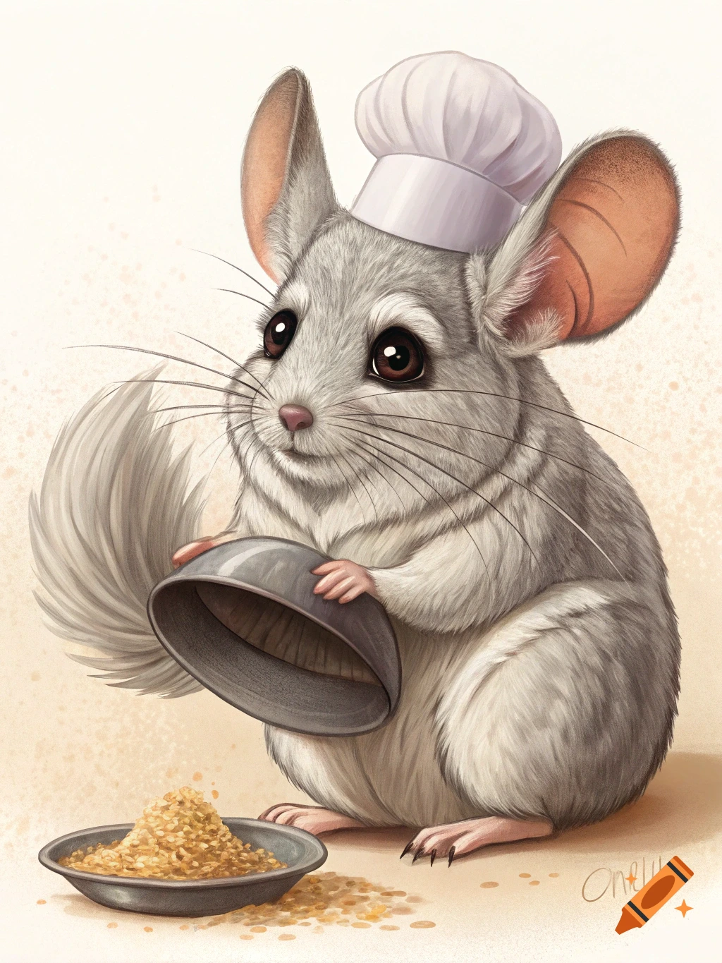 An adorable chinchilla wearing a white chef's hat holds an empty bowl next to a dish of golden crumbs, in a cute illustration style.