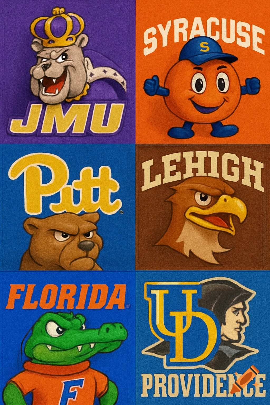 A collage of six university banners, each featuring a college mascot and the school's name. Mascots include a bulldog, an orange, a bear, an eagle, an alligator, and a friar.
