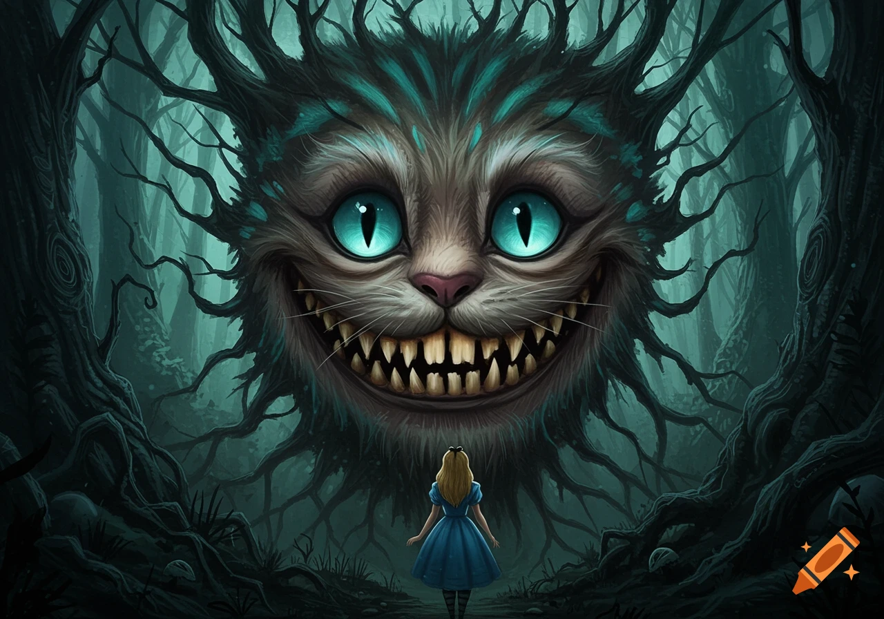 Alice stands before a large, grinning Cheshire Cat face made of tree branches in a dark, gothic forest.