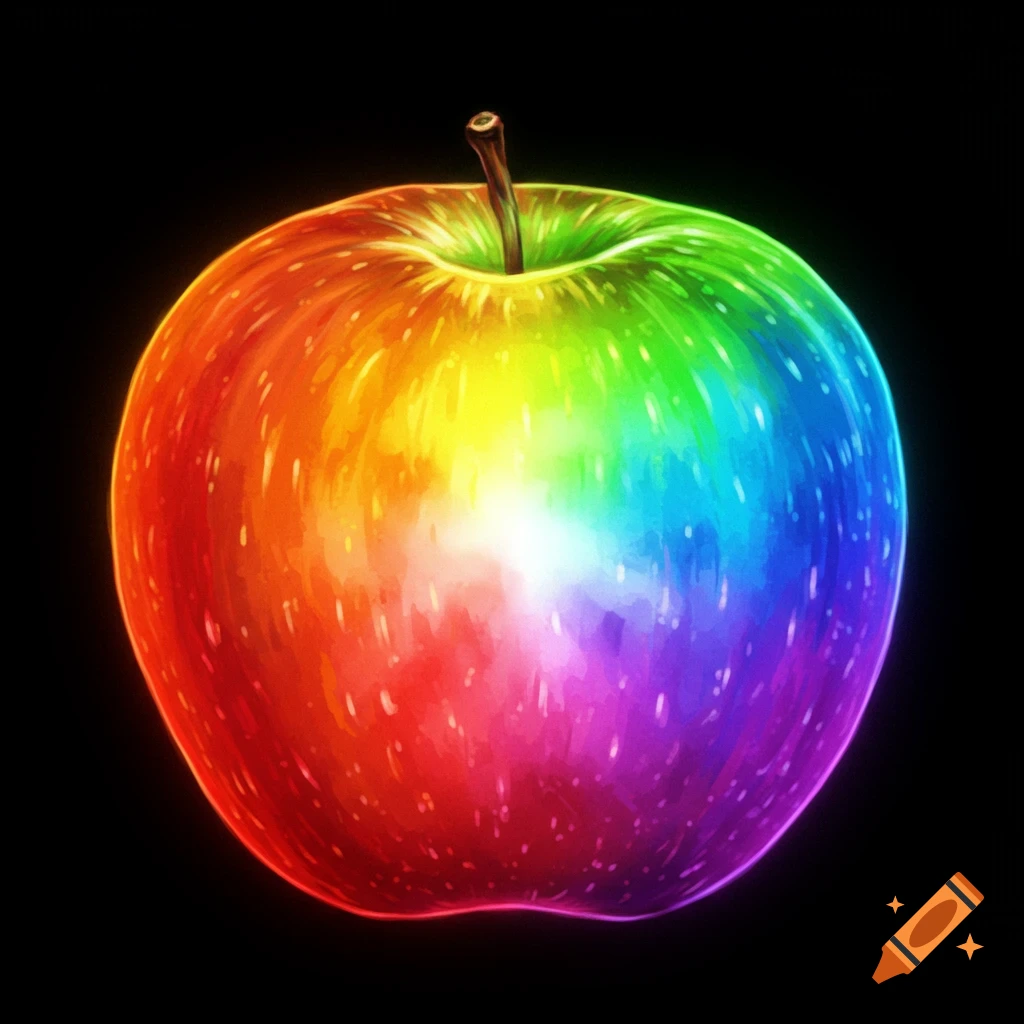 A vibrant, glowing apple depicted with the colors of the rainbow against a black background.