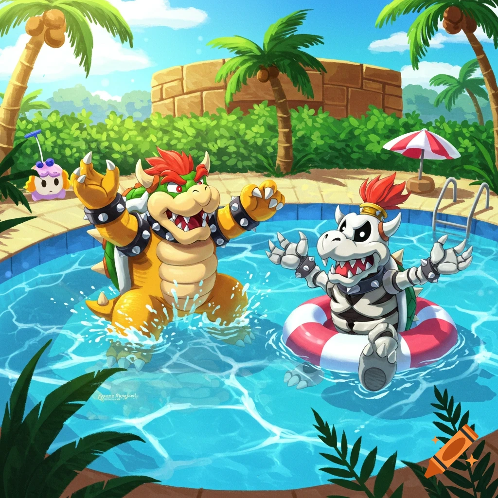 Cartoon illustration of Bowser splashing in a pool next to Dry Bowser on a red and white float, surrounded by palm trees.