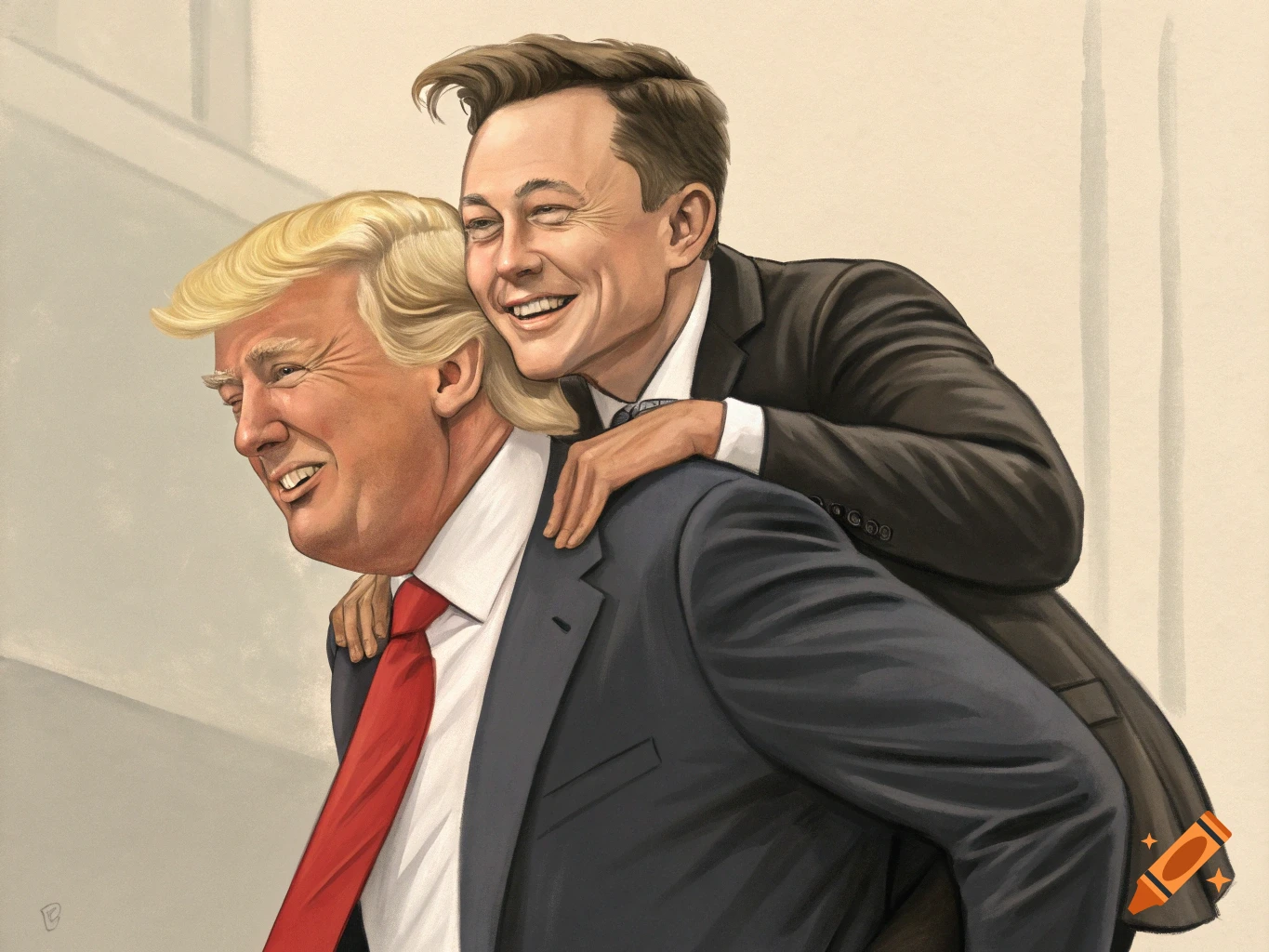 Illustration of Elon Musk giving Donald Trump a piggyback ride, both smiling.