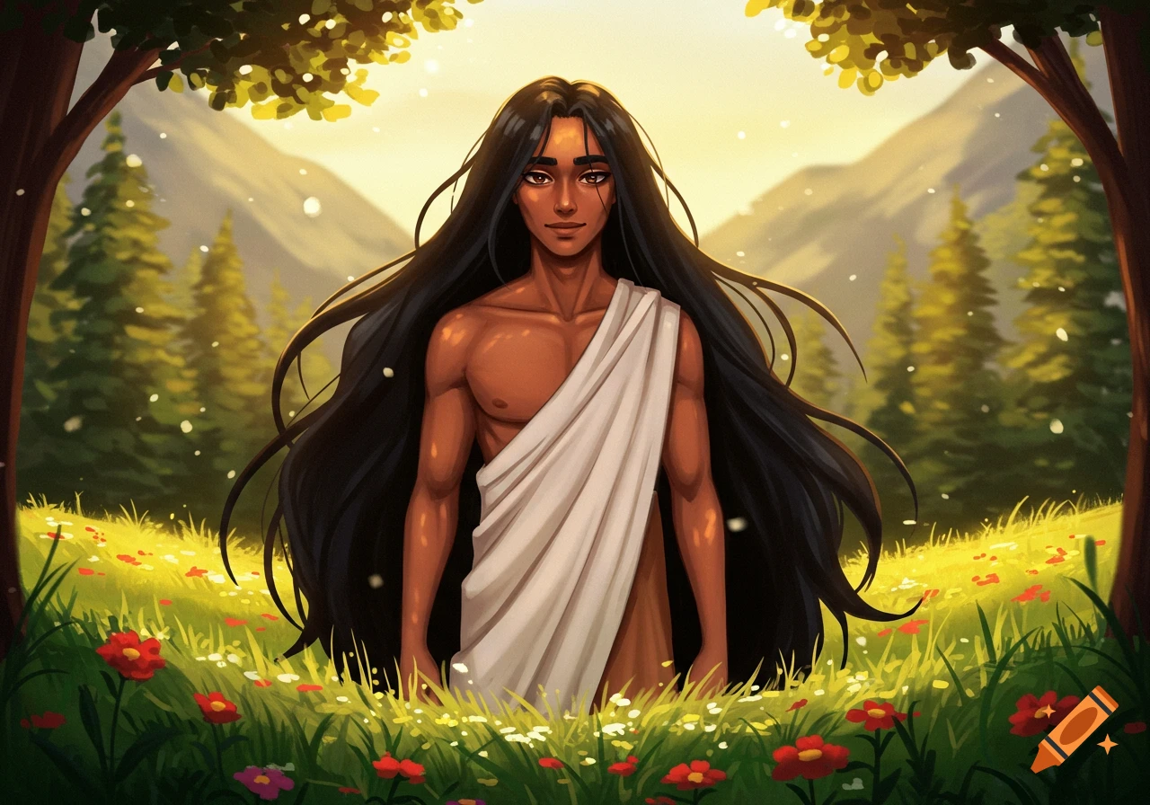 An illustrated image of a person with long black hair, wrapped in a white cloth, standing in a flower-filled meadow at sunrise.