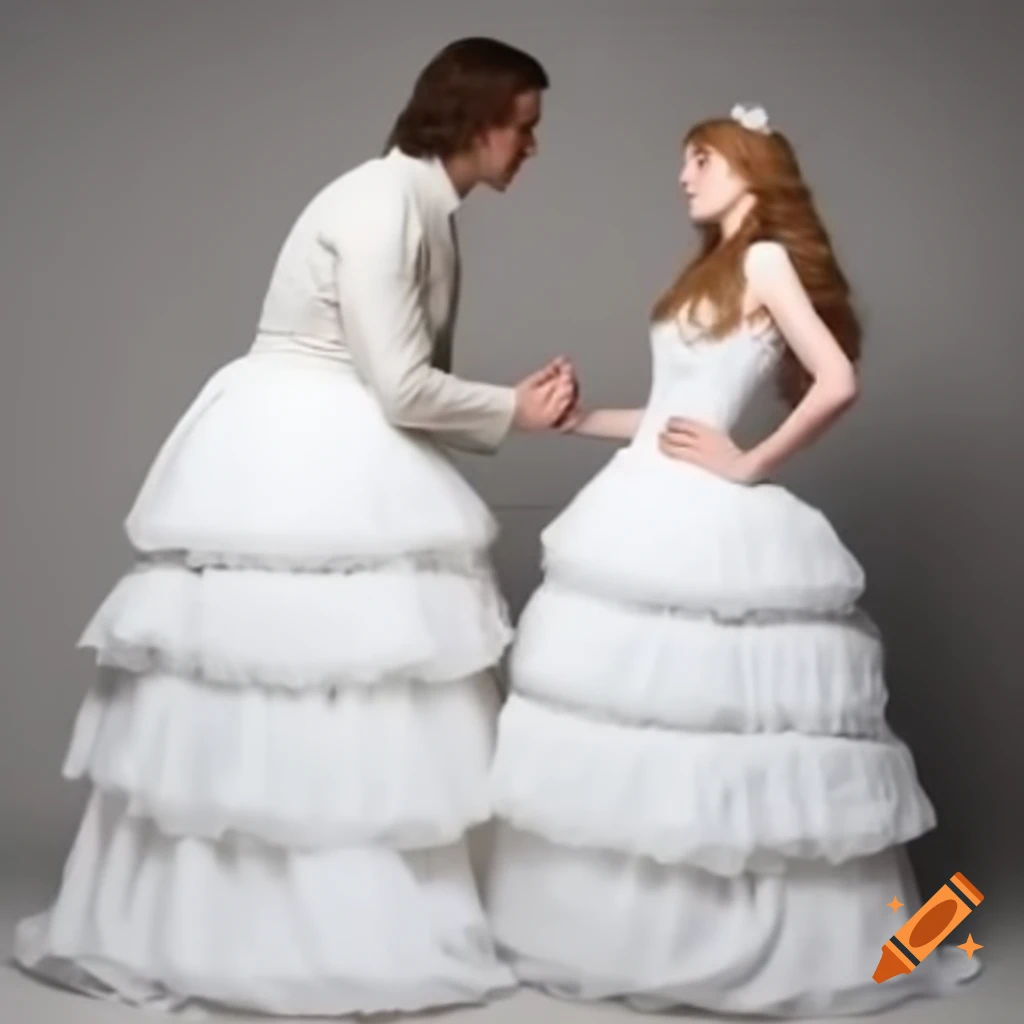 Young caucasian man and woman in white frilly dresses