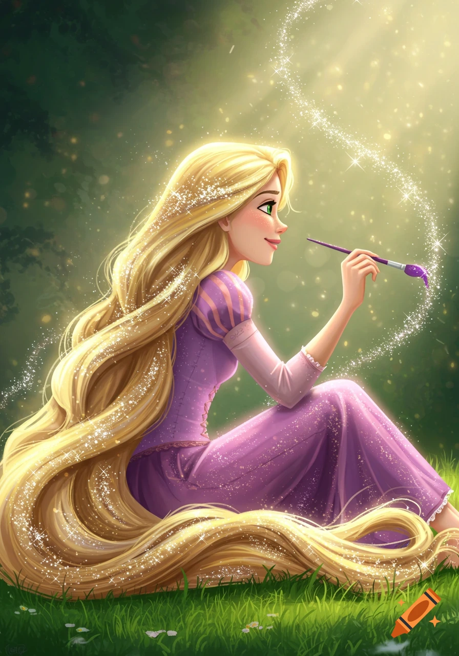 Rapunzel sits on grass, side profile, with long blonde hair, in a purple dress, holding a paintbrush creating silver sparkles. Animated fanart style.