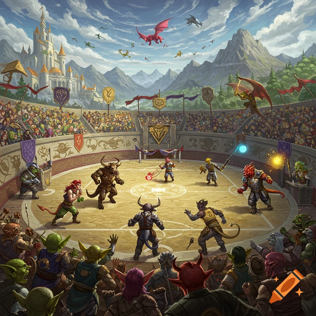 A vibrant fantasy arena scene with various monsters battling in a stadium, watched by a crowd, with dragons flying over a distant castle.