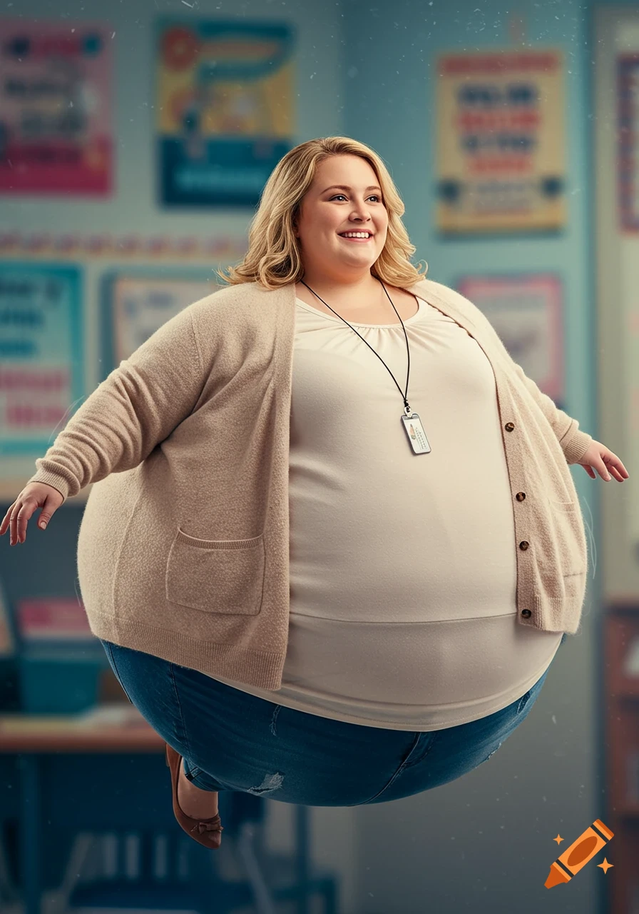 A smiling blonde woman teacher with an inflated, balloon-like body floats in a classroom.