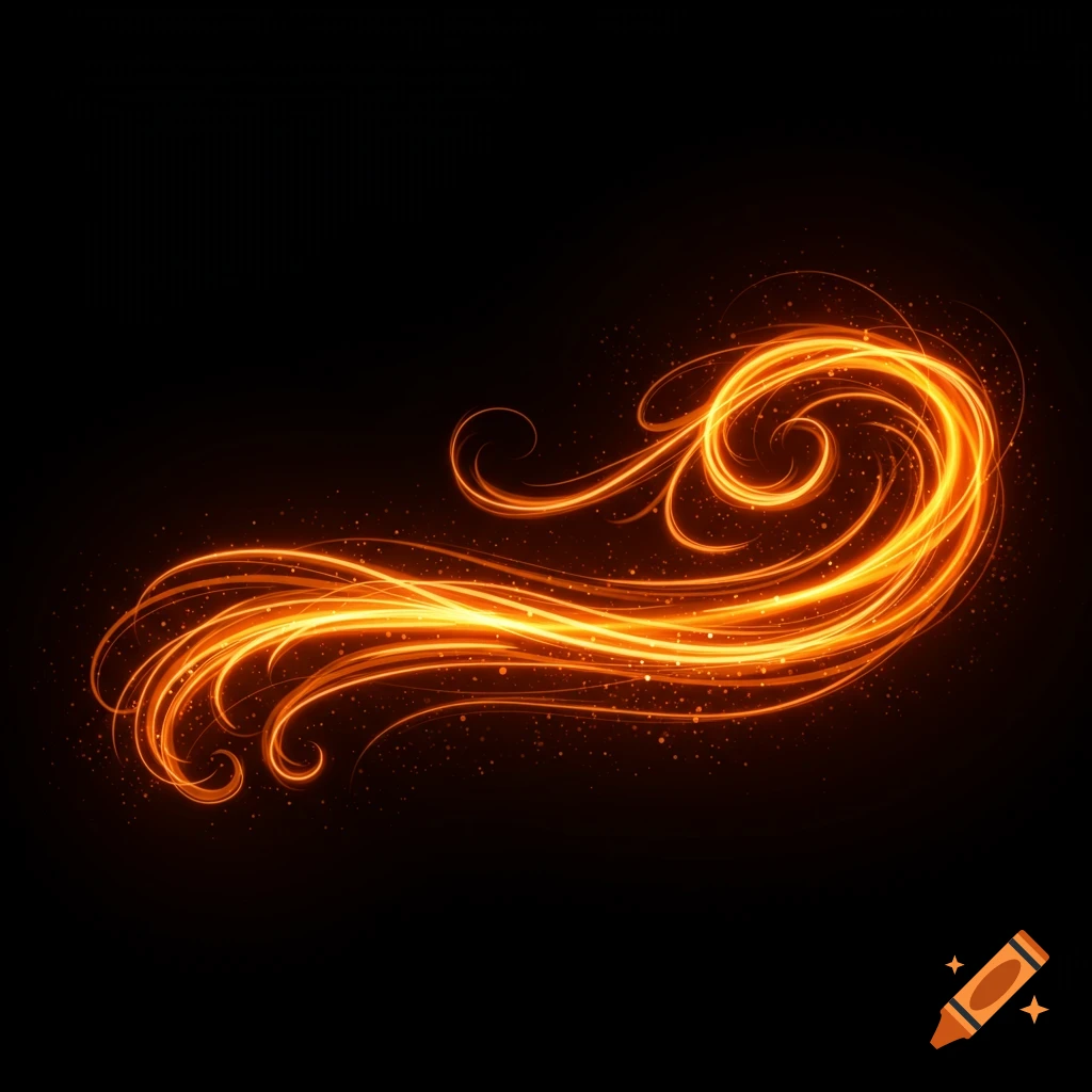 Orange glowing light trails swirl across a dark background with sparkling embers.