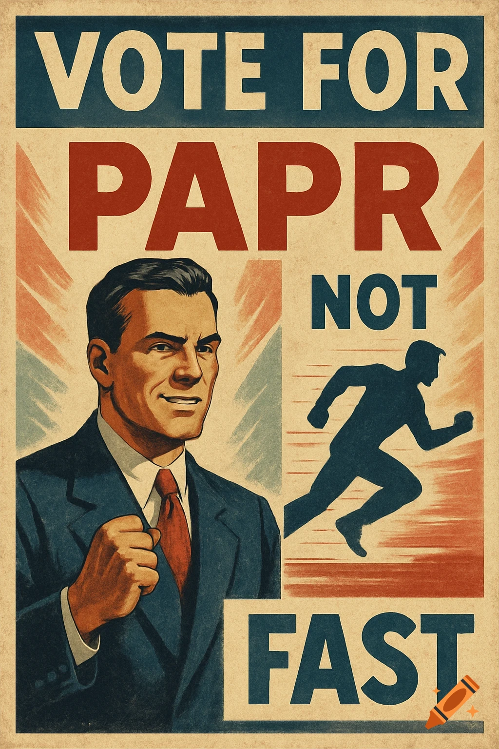 Vintage propaganda poster with a man in a suit next to a runner's silhouette, reading 'VOTE FOR PAPR NOT FAST'.