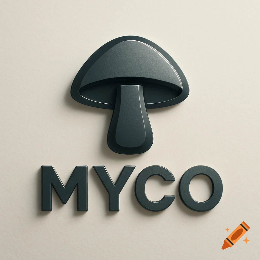 A stylish 3D dark green mushroom logo sits above the word 'MYCO' in matching dark green letters, all on a light beige background.
